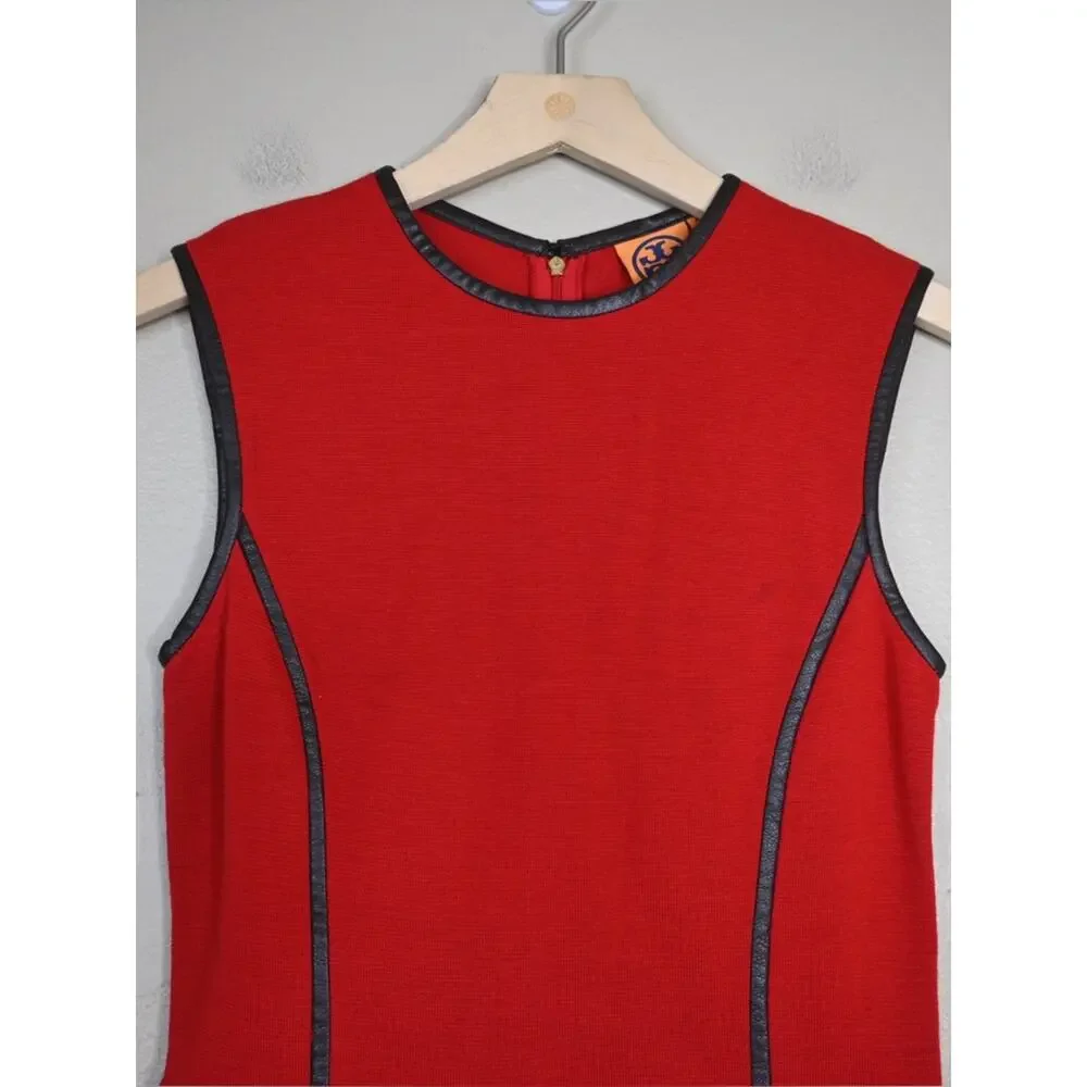 Tory Burch Womens XS Red Wool Blend Sheath Dress with Leather Trim